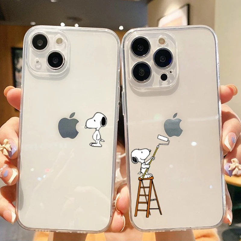 S-Snoopy Cute Cartoon Transparent Phone Case For iPhone 16 15 13 12 11 Pro Max Xr Xs Max 14 Plus 8 Plus Case Cute Soft Cover Y2k