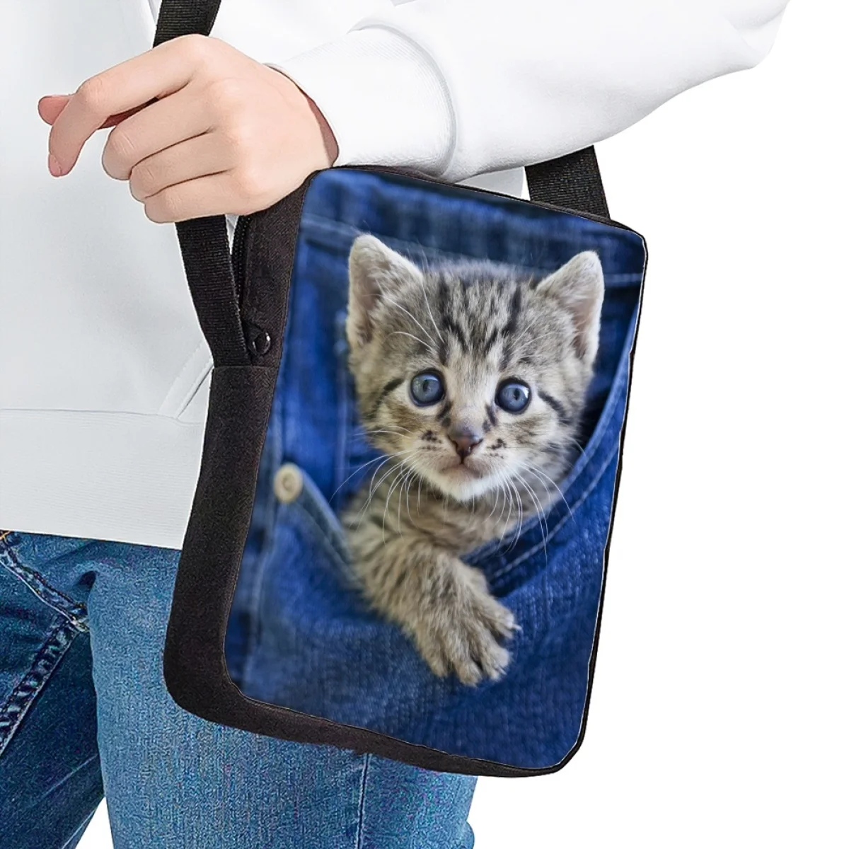 Jackherelook Lovely Crossbody Bags for Children Pocket Kitten Pattern Travel Bag Kids Casual Messenger Bag Fashion Shoulder Bag