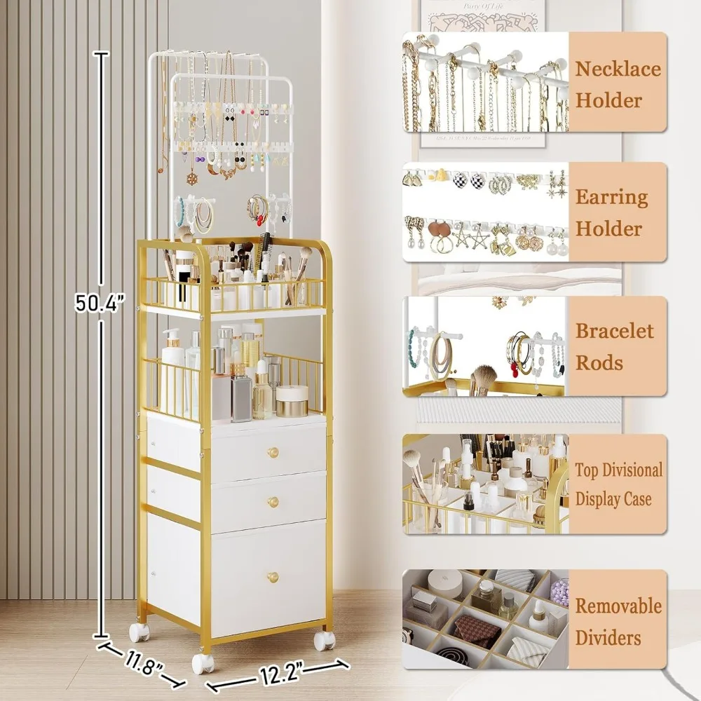 3-Drawer Makeup Organizer Cart with Jewelry Storage, Large Vanity Organizer for Cosmetics Skin Care Perfume Brushes Gold