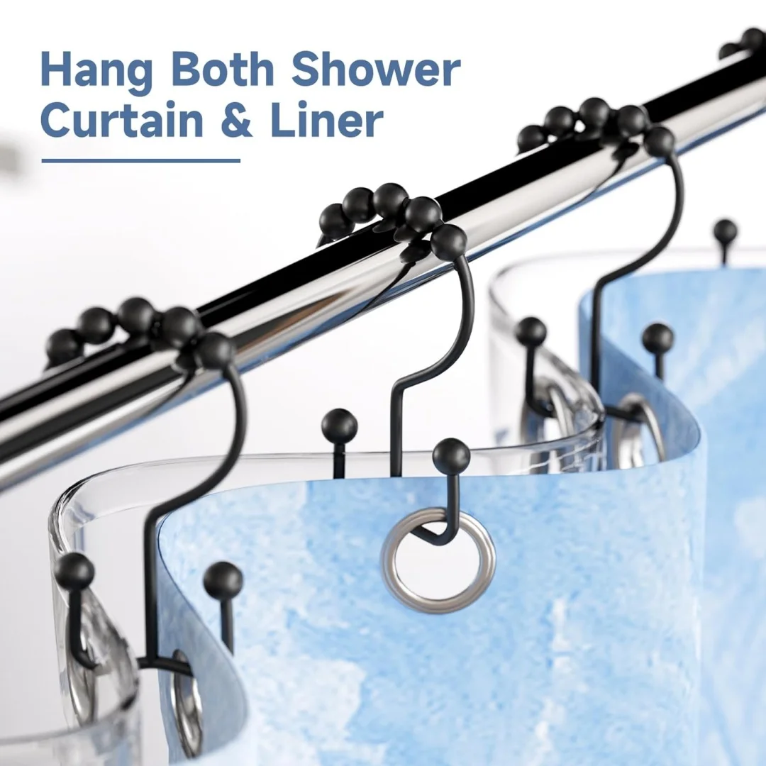 Black Shower Curtain Hook, Stainless Steel Double Sliding Shower Hook Ring, Used for Bathroom Shower Bar Shower Curtain, Black
