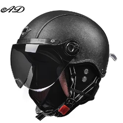 AD Retro Motorcycle Helmets with Harley Visor Leather Helmet for Man Electric Motorbike Vintage Protected Motor Safety Cap