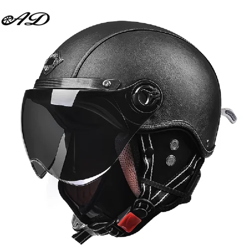 AD-cascos de motocicleta Retro con visera Harley para hombre, casco de cuero para motocicleta eléctrica, gorra de seguridad de Motor protegida Vintage