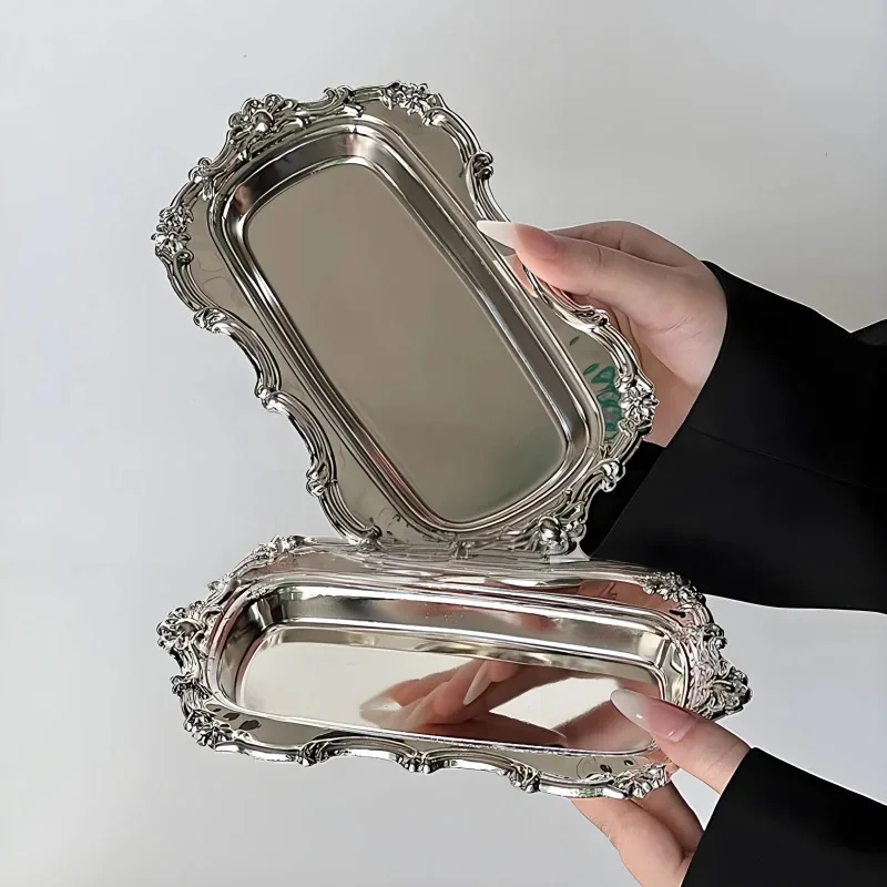 

Винтажный тисненый поднос из нержавеющей стали, сервировочное блюдо для десертов, органайзер для хранения ювелирных изделий, тарелка для закусок для декора обеденного стола