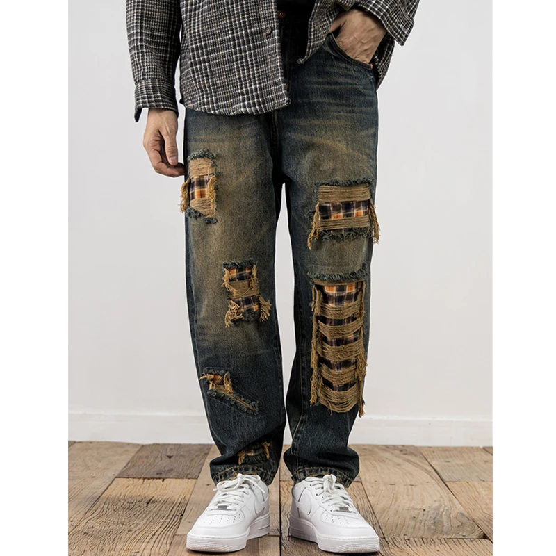 

American heavy vintage cargo denim pants men spring and autumn 2024 new straight pants men's loose casual pants