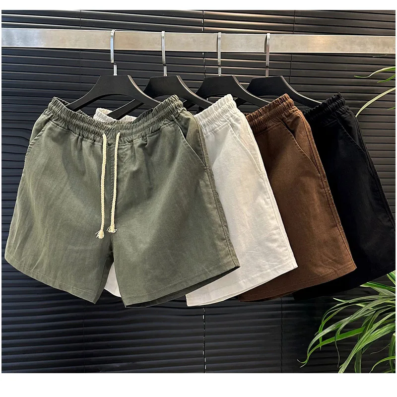 Linen Spring Summer Men's Shorts Dark Green Lace-up Outdoor Casual Jogging Fitness Sweatpants Beach Tour Comfortable and Cool