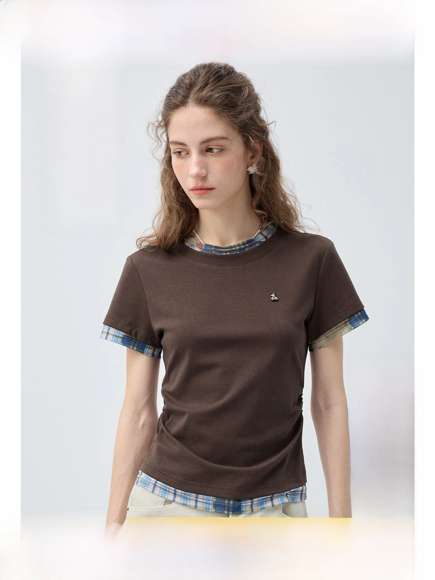 

Rui plus Size Women's T-shirt Plaid Waist-Cinching Short Sleeve Fake Two-Piece Shoulder-Length Summer Clothes for Plump Women