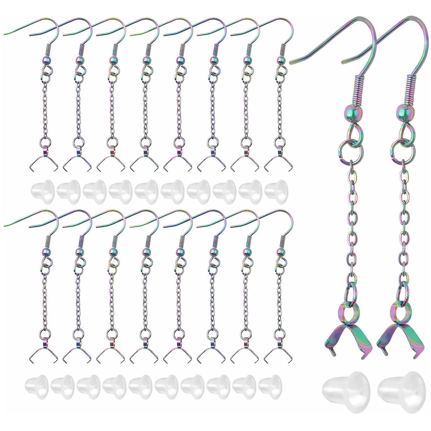 

20 шт. разноцветных крючков для сережек из нержавеющей стали с бусинами, цепочками и застежками-зажимами, в форме рыболовного крючка, с полированной отделкой