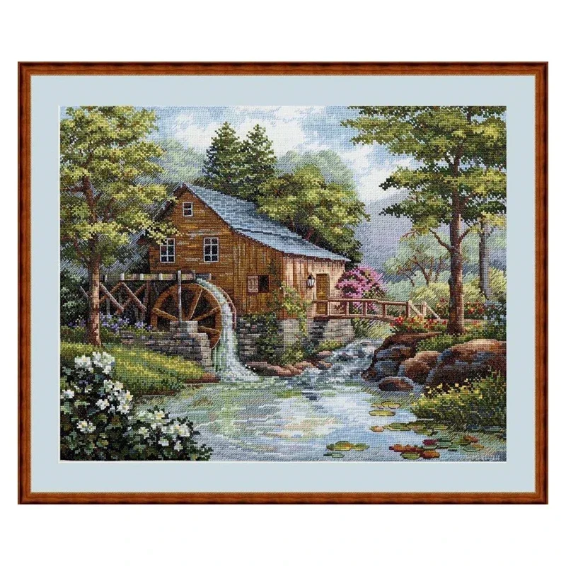 Amishop Top Quality Hot Selling Counted Cross Stitch Kit Song of Summer Forest Cabin Waterwheel Stream Scenery Merejka K-166