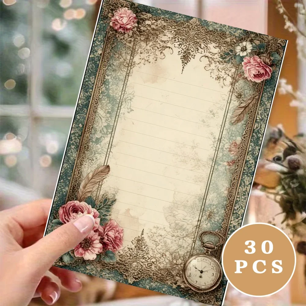 30 Sheets, B5 Vintage Floral-themed Writing Paper, Lined, Glue-free, Very Suitable For Notebooks, Memos, And Stickers