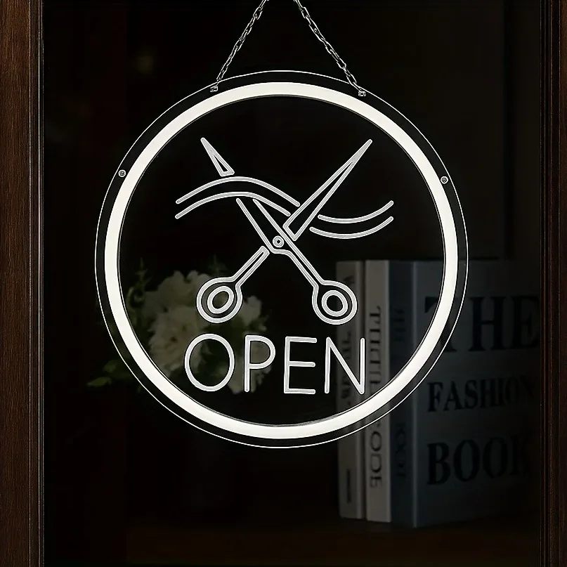 Round Neon Sign LED Barber Shop Sign Lights Wall/Window Decor with Dimmable Switch & Hanging Chain Salon Barber Gift