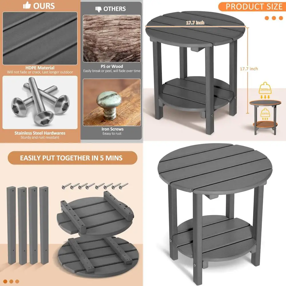 

Compact 2-Tier Outdoor Side Table, 17.7 Patio End Table, Weatherproof HDPE Plastic for Garden and Poolside, Easy Assembly, Grey