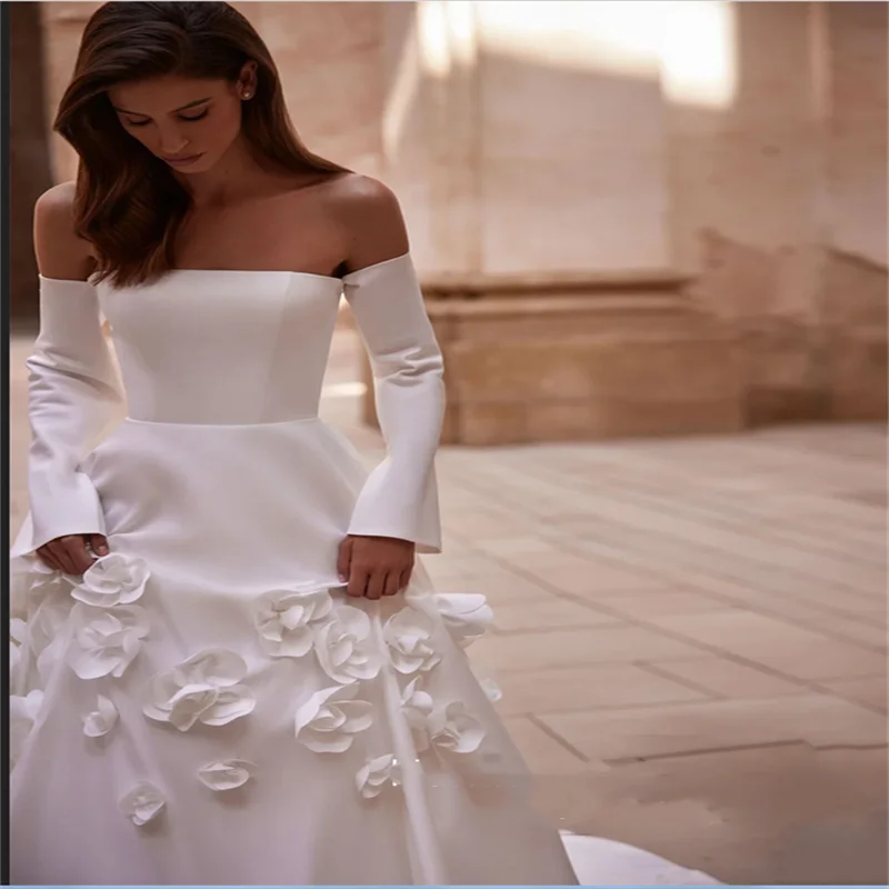 فستان زفاف عربي سعودي مزين بالزهور رداء De Mariage مخصص بدون حمالات ذيل محكمة بدون ظهر من الساتان فساتين زفاف العروس #3