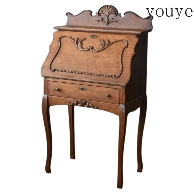 RE flip makeup table French retro solid wood dresser villa antique carved writing desk American light luxury bedroom V