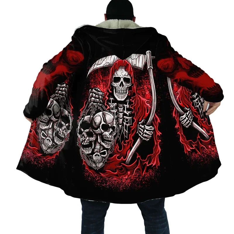 Mens Cloak Fire Reaper Skull Tattoo Harajuku 3D Print Full Fleece Hooded Coat Unisex Casual Thick Warm Cloak Coat D-0123