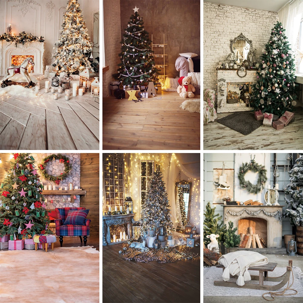 

Laeacco Christmas Trees Fireplace Light Wooden Boards Trojan Candle Photography Backdrops Photo Backgrounds For Photo Studio