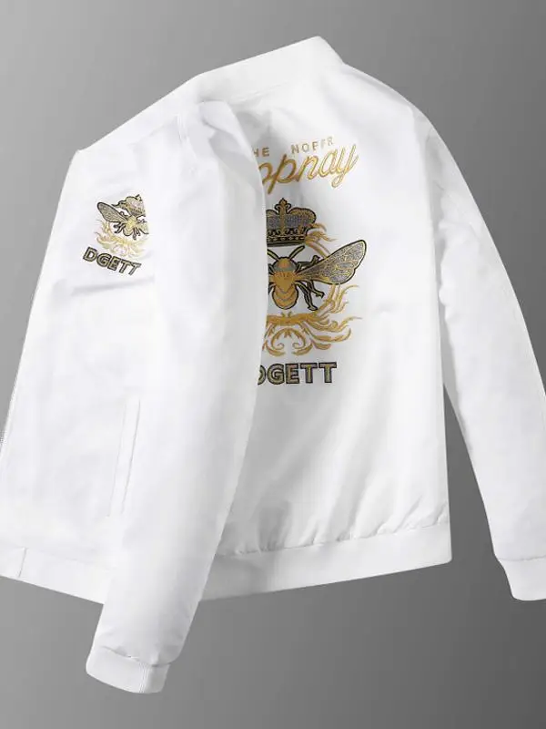 

Весенне-осенняя мужская спортивная куртка с воротником-стойкой, вышивкой пчелы и короны, из полиэстера, несминаемая, удлиненная