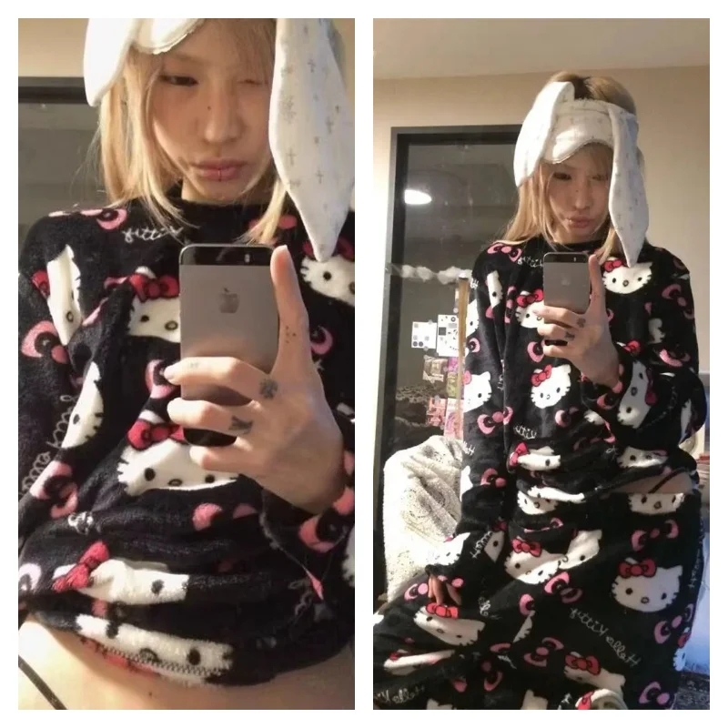 

Новый комплект фланелевых пижам Hello Kitty: длинные свободные пижамы для пар, теплые, уютные и комфортные домашние костюмы Sanrio.