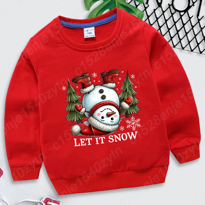 

Christmas Snowman Let It Snow Print Round Neck Pullovers Popular Long Sleeves Children Boys Girls Plus Size Hoodless Sweatshirts