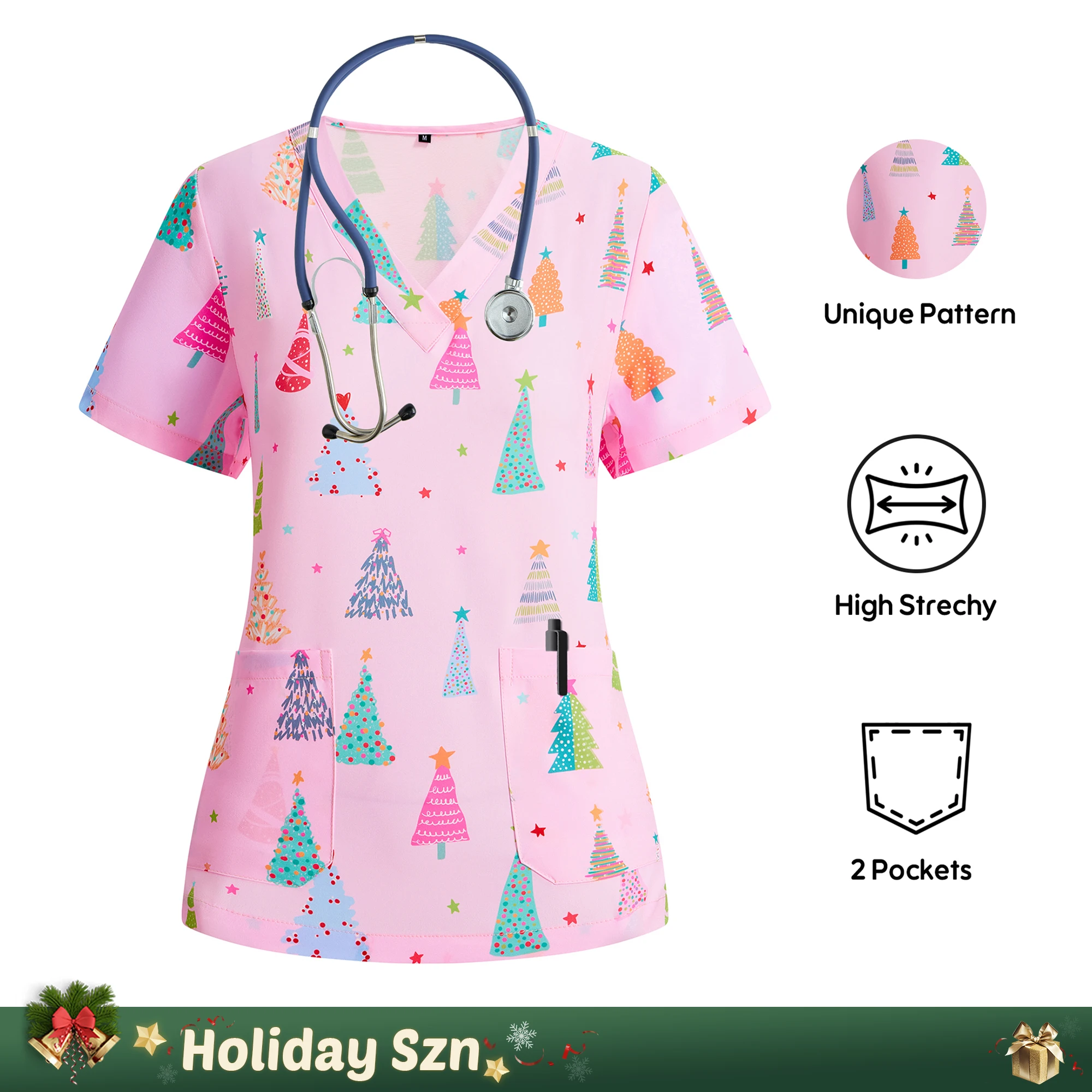 【Natale】 Top Scrub da donna Rosa World Trees Stampa Vacanza per Infermiere Ospedale Abbigliamento da lavoro Uniformi chirurgiche per cartoni animati