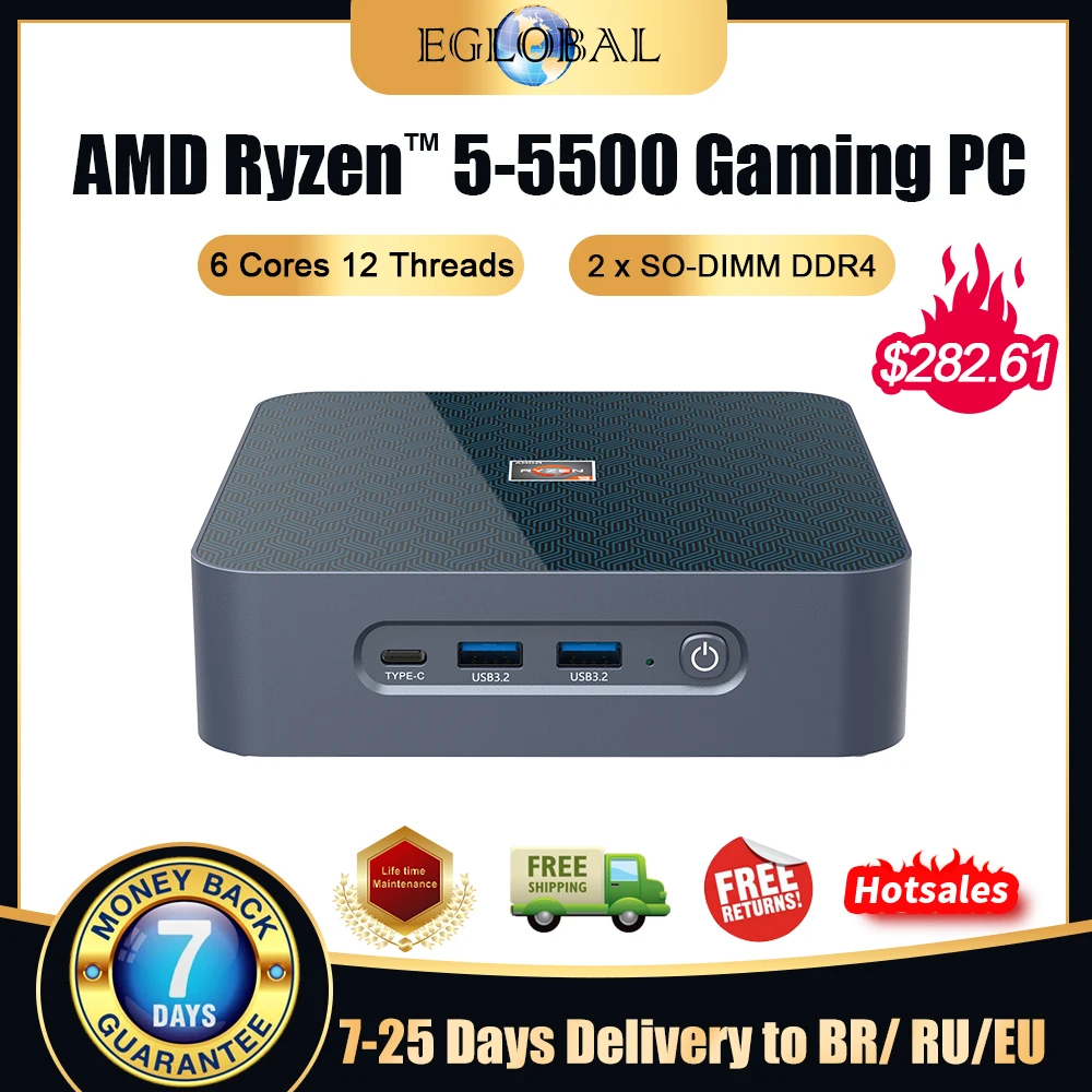 Eglobal Barebone Mini PC AMD Ryzen 9 5900HX 2*DDR4 2*NVMe SSD 2.5G LAN USB3.2 3x4K HD Display Micro Gaming Computer