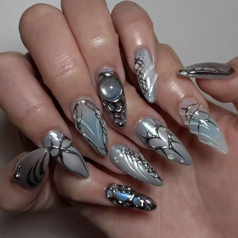 24Pcs Blue Fantasy Design Nails Sets Press on Starry Sky Flower Reusable Almond Nails Cool Spicy Girl Black Fake Nail False Art