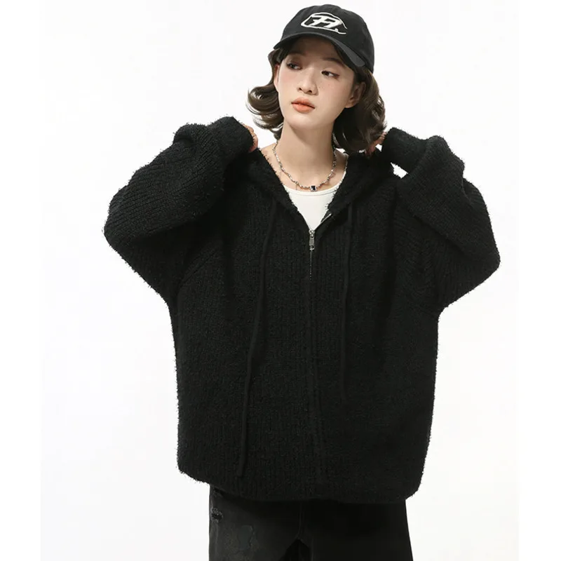 Niche Design Men's Cardigan Hoodie Sweater Knitting Hooded 2024 Winter New Loose Solid Color Male Tops Korean