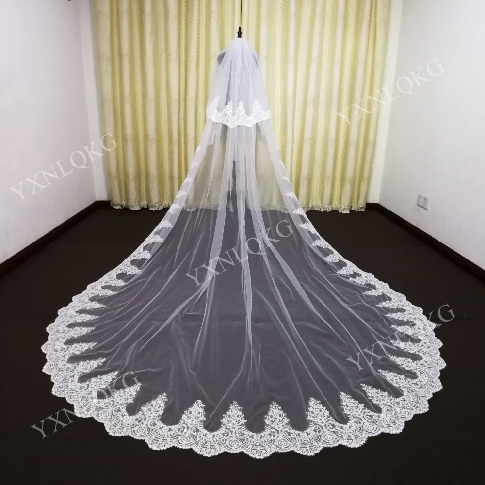 Customized Real Photos 2 Layers Sequins Lace Cathedral Woodland Wedding Veils with Comb 3M Long White Ivory 2 T Bridal Veils