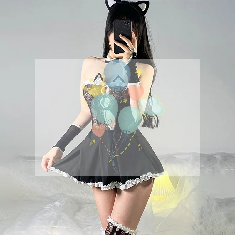 

Sexy Lingerie Catwoman Nightgown Uniform With Lace Strapless See-through Mesh Patchwork Set