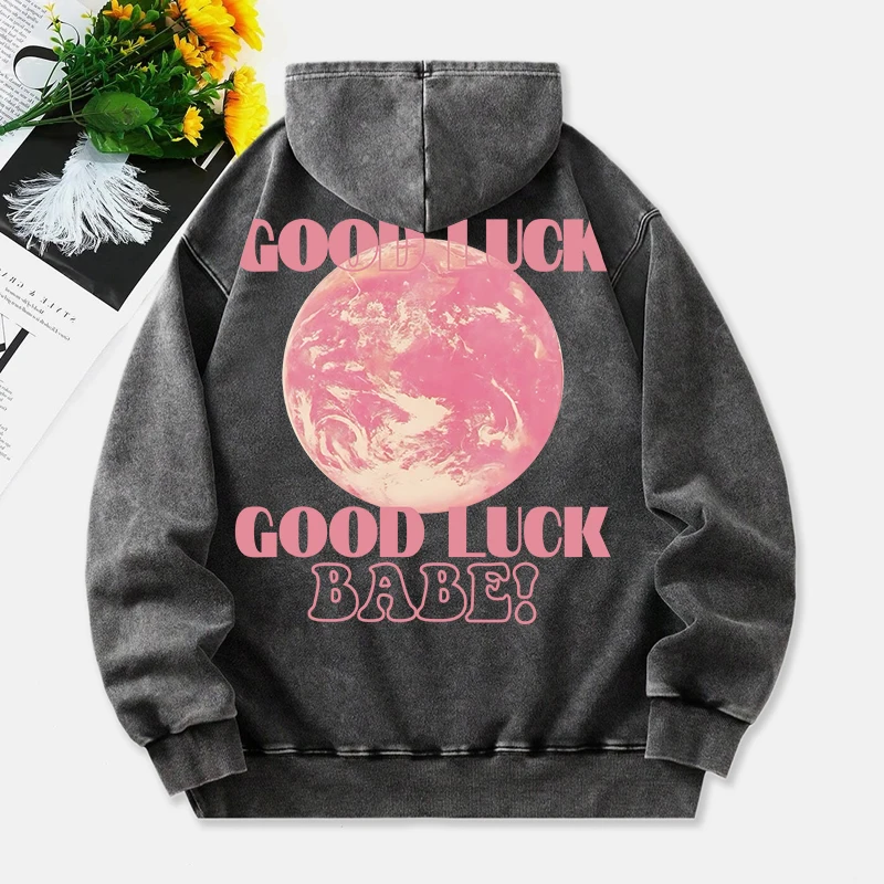 Good Lucky Babe Washed Hoodies Womens Pink Planet Printed Cotton Hooded Warm Pocket Oversize Pullover Winter Womans Streetwear