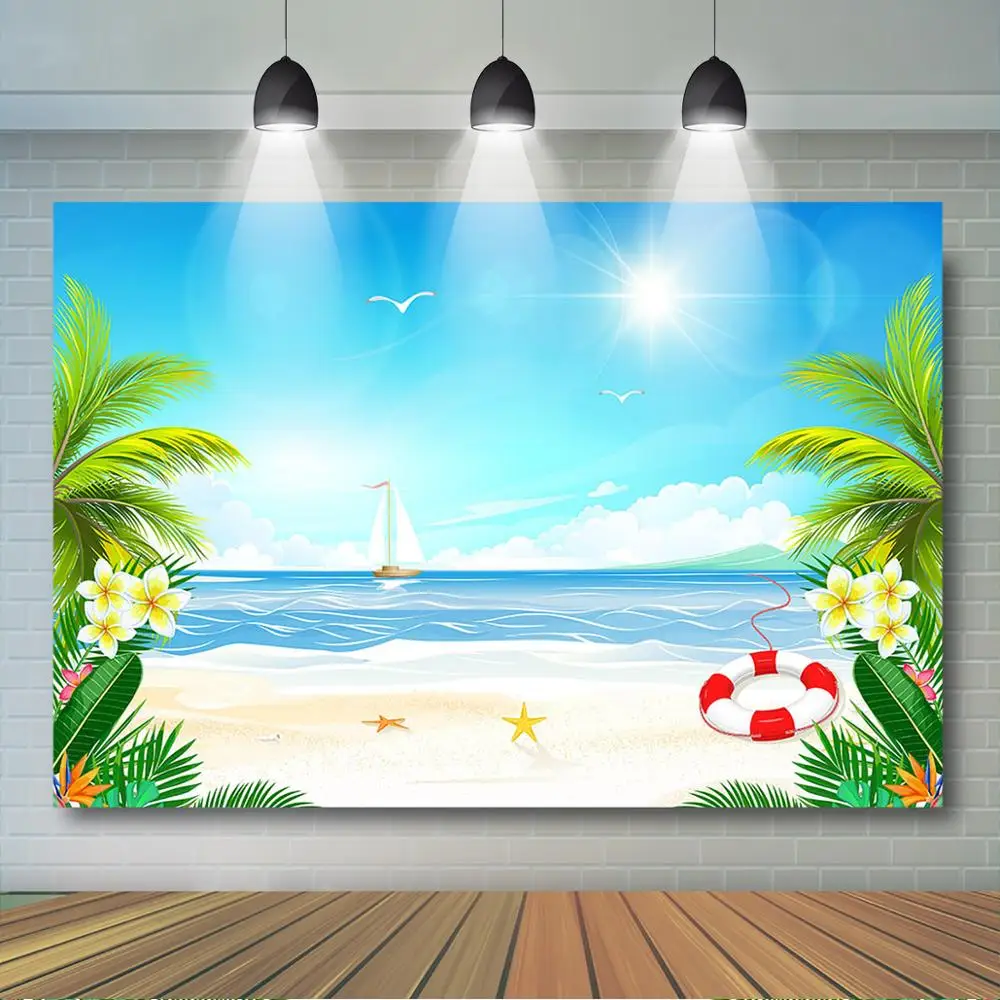 Fondo de playa de verano Mocsicka, pancarta de fiesta hawaiana con flores tropicales, cielo azul, nube blanca, decoración hawaiana, telón de fondo de vacaciones