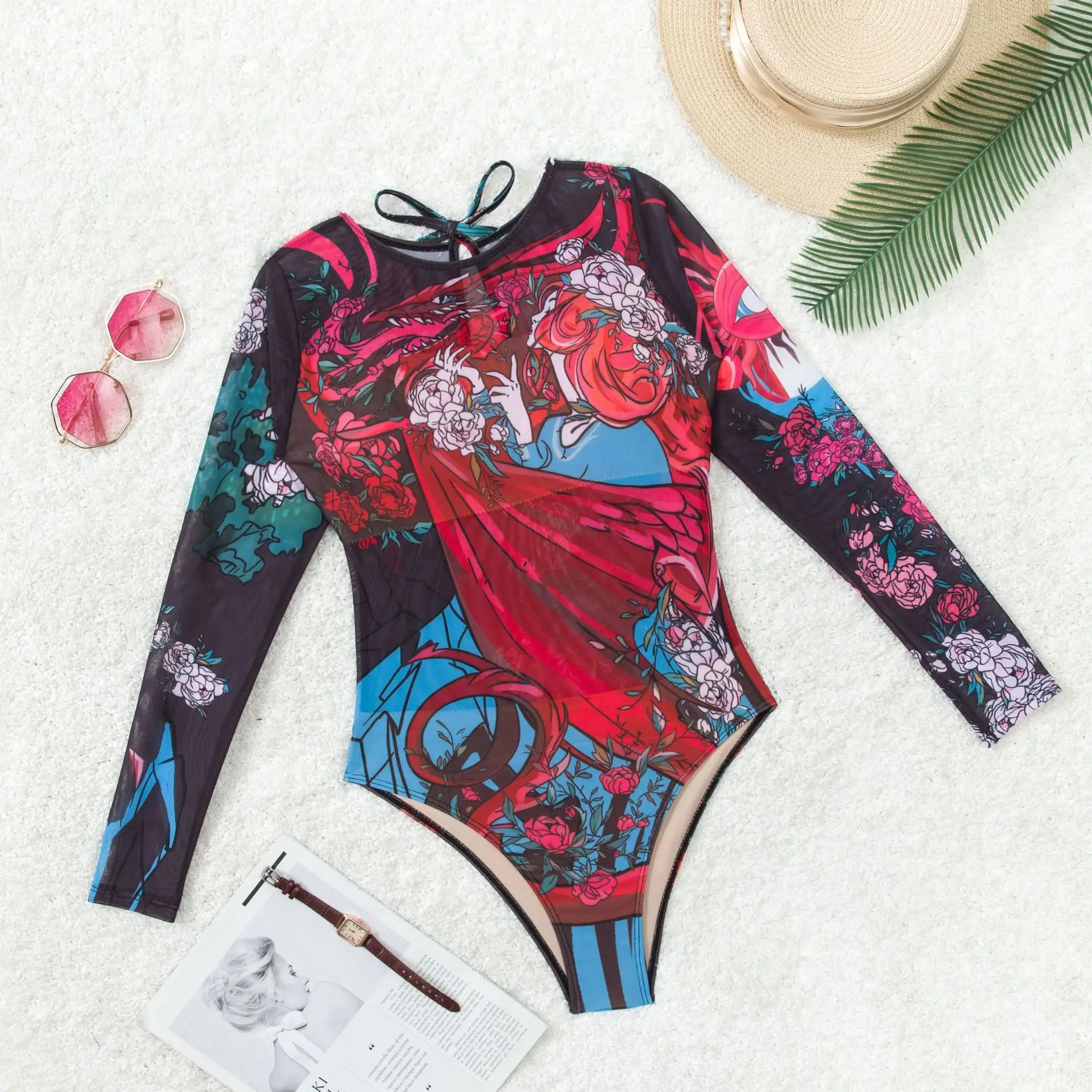 Trajes de baño de una pieza de manga larga acolchados con cuello redondo y estampado retro para mujer Trajes de baño de corte alto Traje de baño Body