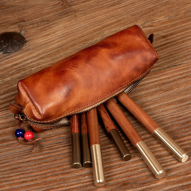 Vegetable-tanned cowhide pen case, hand-dyed top-grain leather, vintage storage pouch for keys, stylish for both men and women