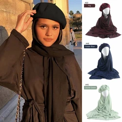 Musilm-Hijab de gasa de estilo francés para mujer, sombreros de boina, Baret, sombrero plano, Hijabs de gasa instantáneos con sombreros