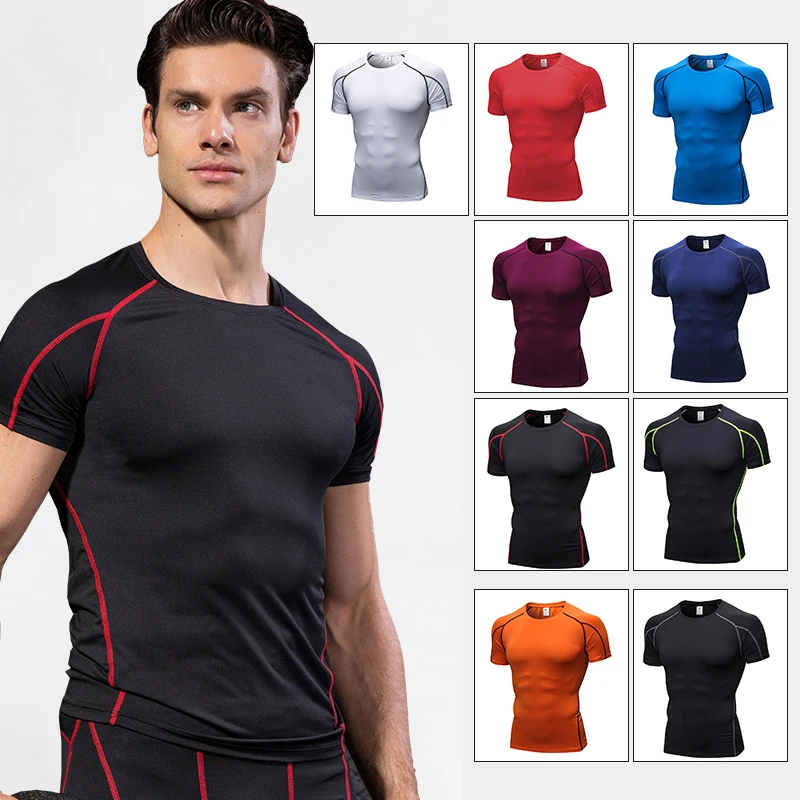 Camiseta de manga corta con logotipo personalizado para hombre, ropa ajustada para entrenamiento, Fitness, compresión, entrenamiento atlético, venta