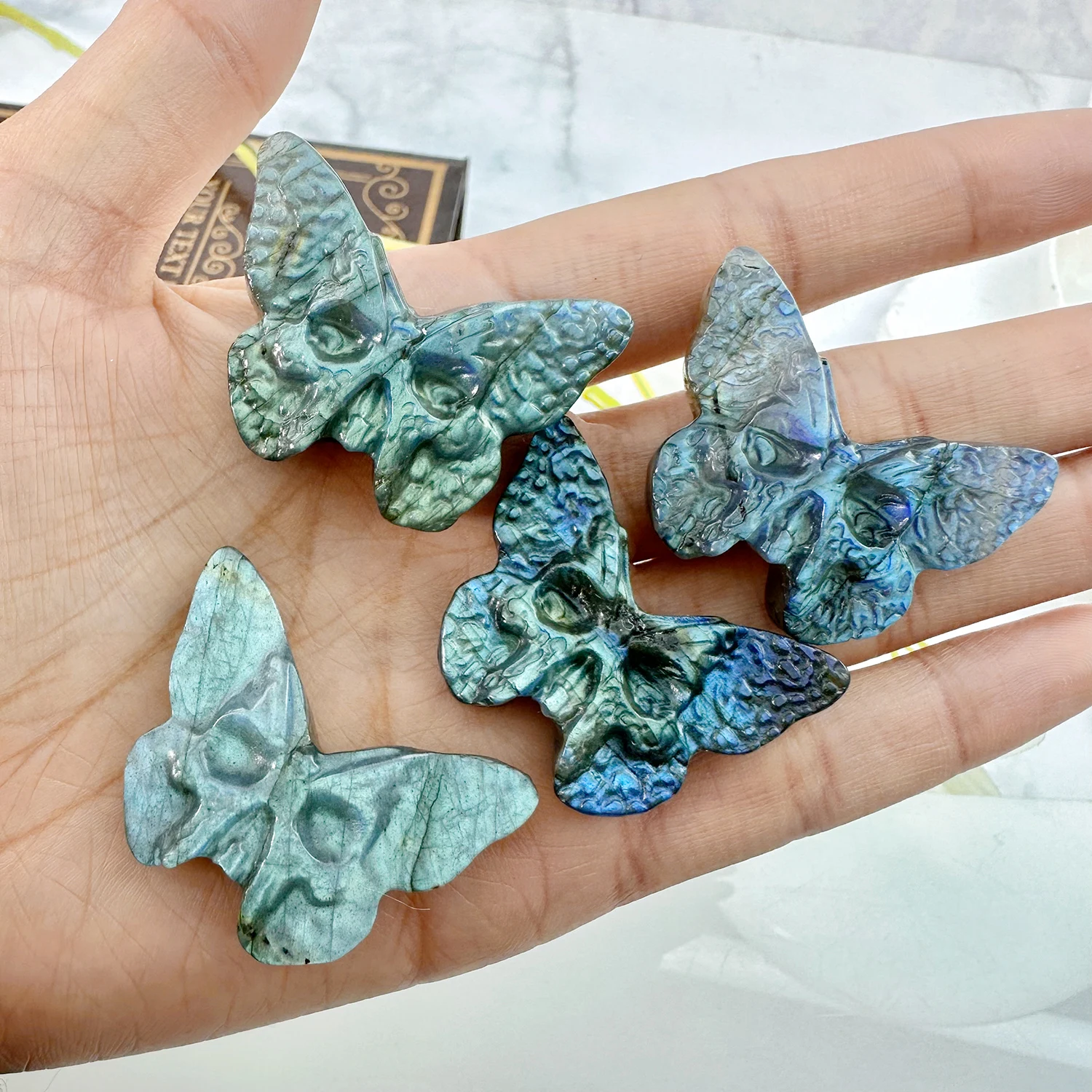 1PC Incredible Labradorite Quartz Crystal Skull Butterfly Sculpture  Natural Rainbow Flash Spectrolite Stone Mermaid Specimen