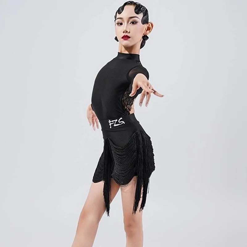 أزياء سوداء قاعة الرقص المنافسة فساتين أطفال أداء الرقص ملابس الفتيات الرقص اللاتينية مهدب زي