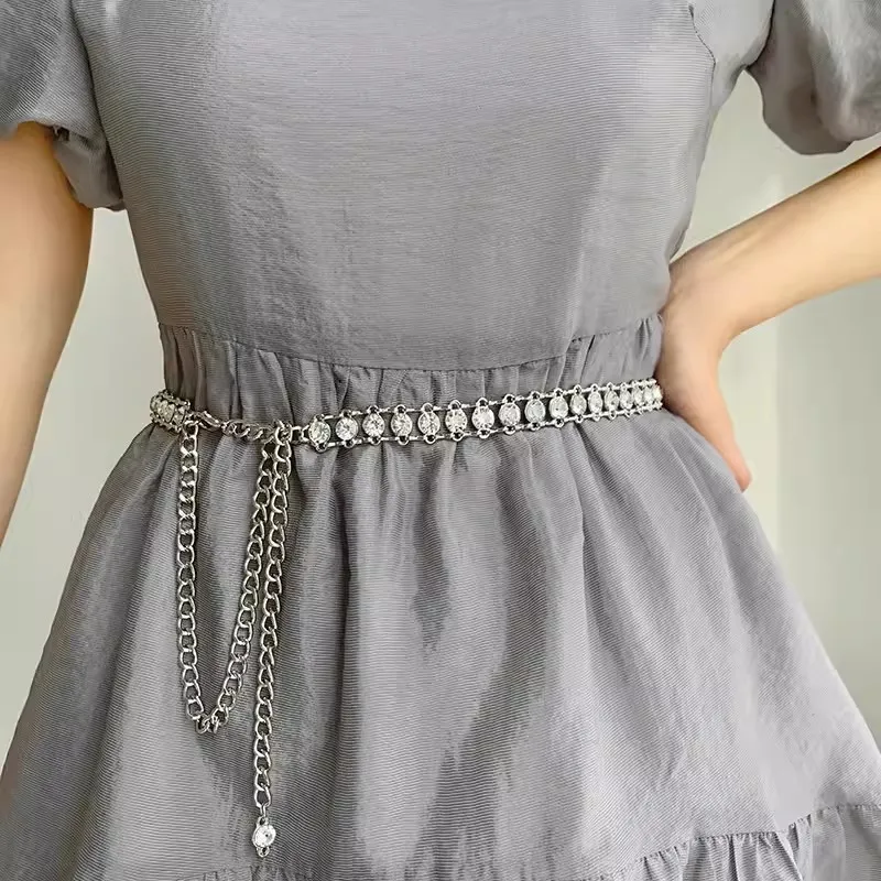 

Women's Fashion Gold Silver Metal Diamonds Chain Corset Female Cummerbund Coat Waistband Dress Decration Narrow Belt J470