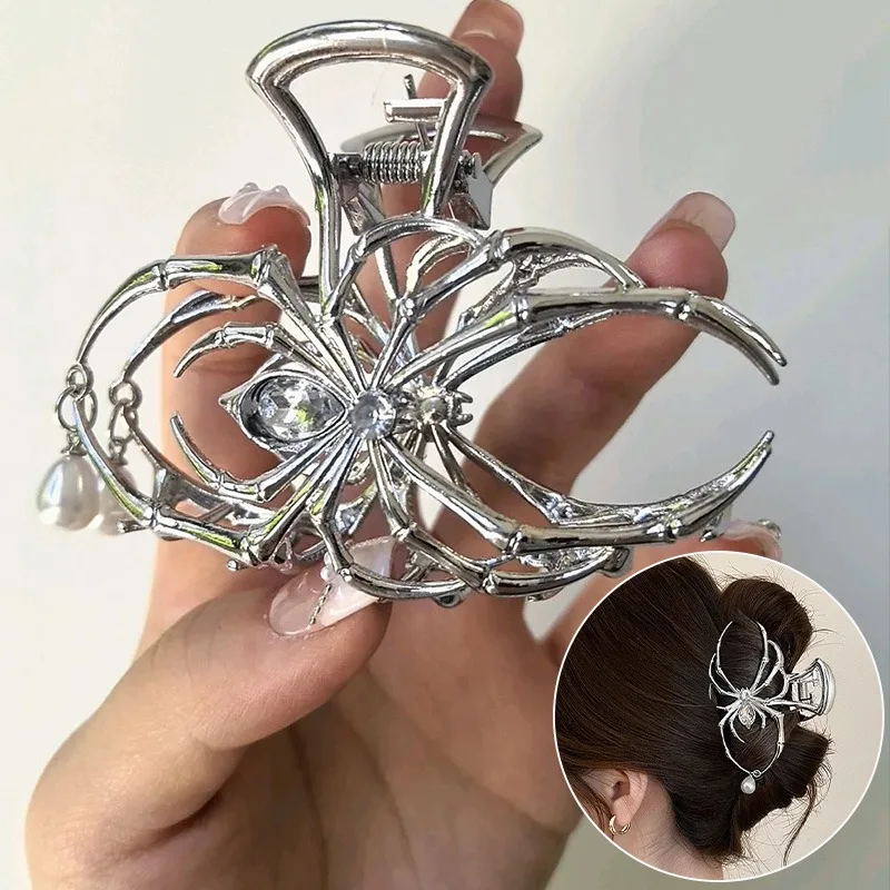 Jepit Rambut Bentuk Laba-laba Antik Halloween Baru Jepit Rambut Hiu Logam Berlian Imitasi Mutiara Aksesori Rambut untuk Alat Penata Wanita