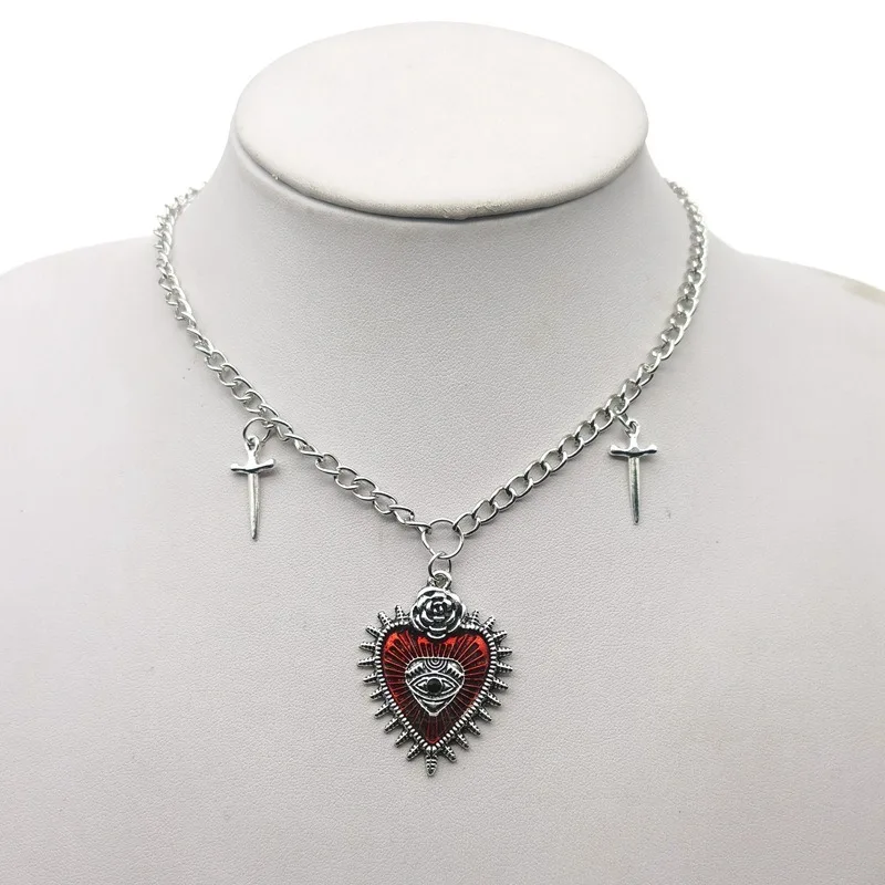 Gothic Hip Hop Y2k Jewelry Peach Heart Flower Cross Pendant Necklaces Vintage Love Sword Eye Thorns Choker for Women Girls Party