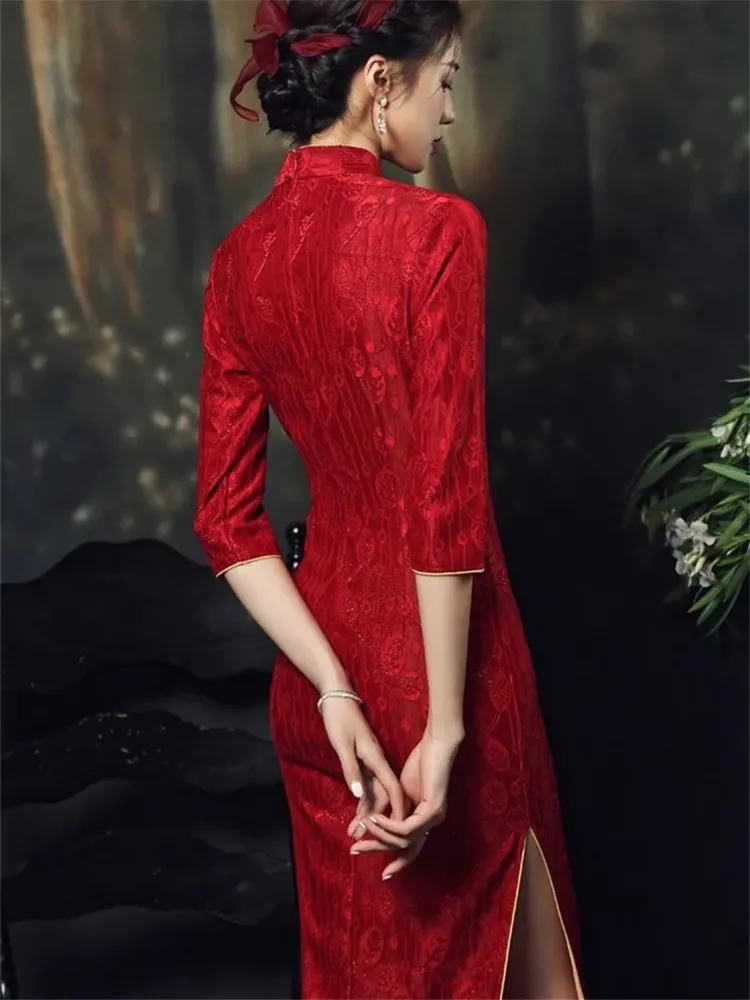 Dress Chinese Style Cheongsam Spring and Summer New Stand-up Collar Five Points Sleeve Slit Mid-length Slim Women's Clothing 211