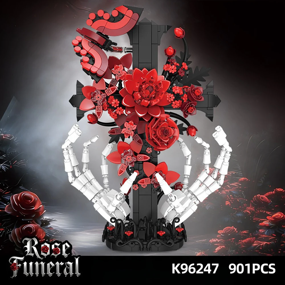 Halloween Gothic Rose Skull Cross Flower Building Blocks Vintage Floral Model DIY Assembly Kit Creepy Gift for Dark Decor Lovers