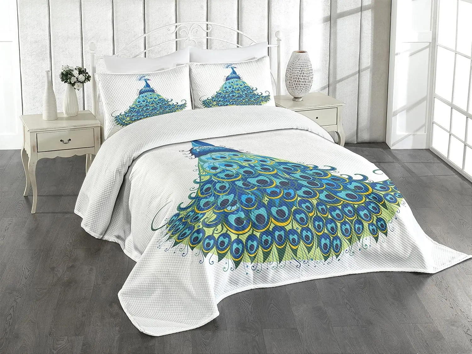 

Feathers Bedspread, Setting Pigmented Bird Body Parts Growth Nature Design, Decorative Quilted 2 Piece Set with Sham, Twin S