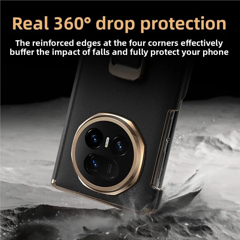 Premium Full Coverage Shockproof Genuine Leather Phone Case for Honor Magic V5 with Dual Side Frame and Top-Grain Cowhide