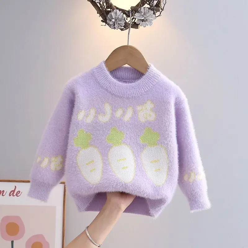 Adorable Childhood Cartoon Radish Pattern Kids Sweaters for Girls Dreamlike Princess Knitting Pullovers New Cosy Clothes GY11292