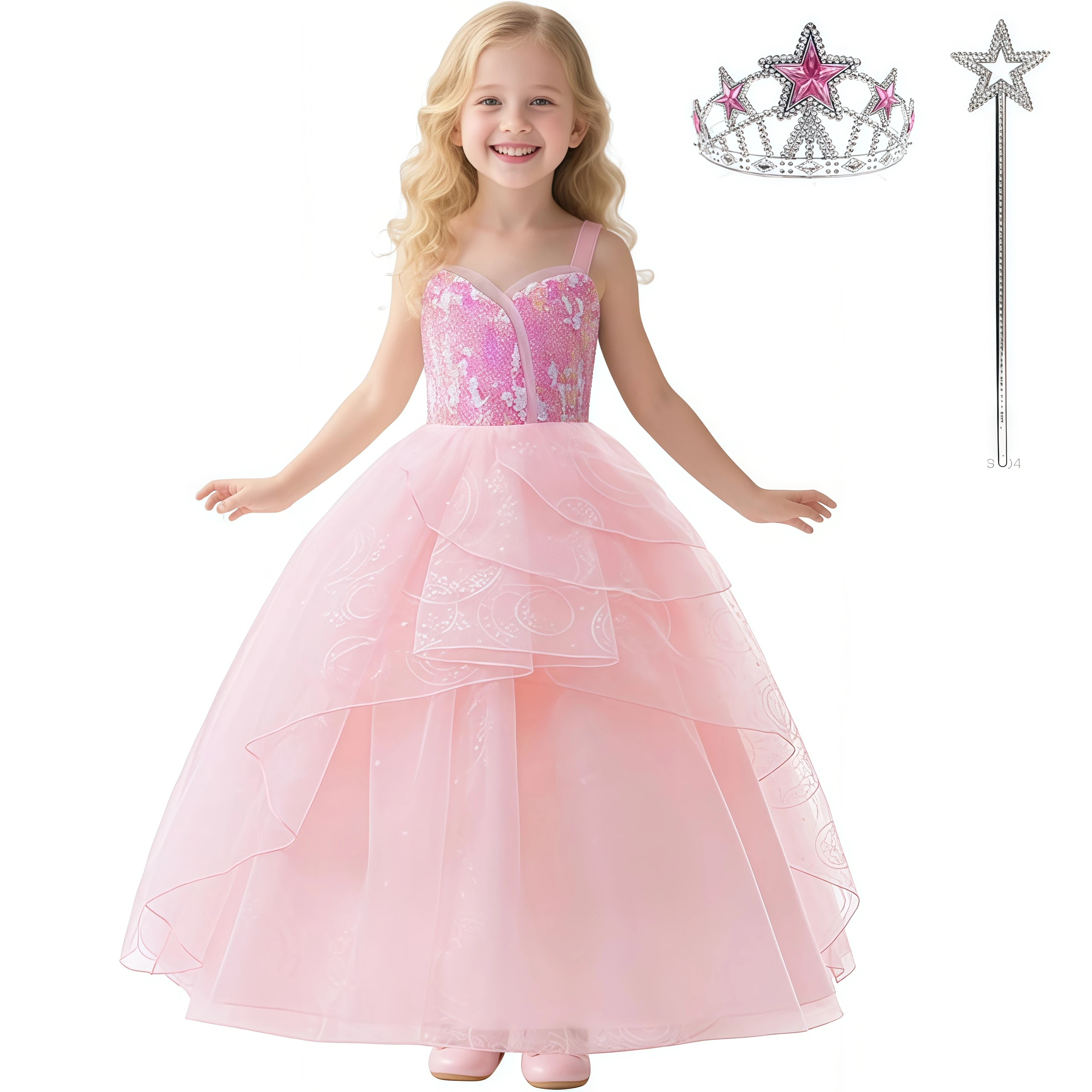 Movie Pink Witch Costume For Girls Sequins Tulle Princess Dress With Crown Wand For Kids Halloween Wizard Birthday Party Outfits