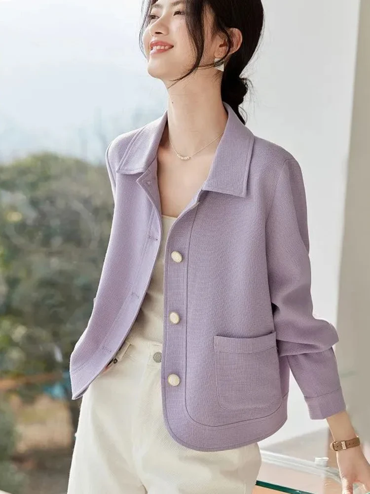 

Zoki Элегантная тонкая фиолетовая куртка женская милая с длинным рукавом маленькое ароматное пальто повседневное осенне-зимнее женское модное пальто с французскими карманами