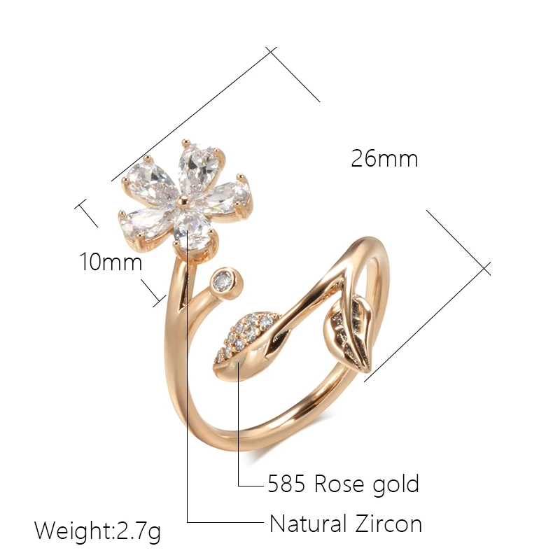 SYOUJYO Crystal Flower 585 Gold Color Retro Opening Women's Ring Natural Zircon Fashion Temperament Party Wedding Jewelry