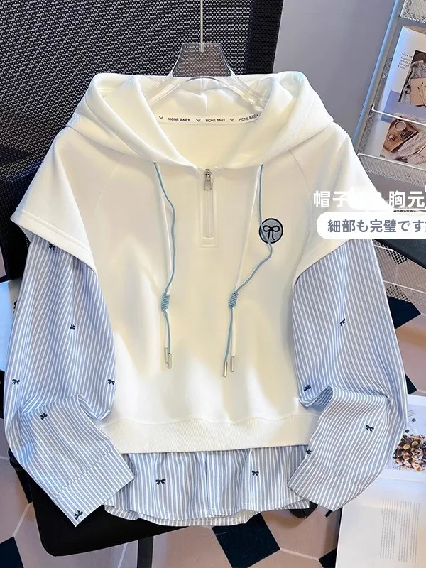 College Style Patchwork Hoodie Sweatshirt Girls Spring Autumn Long Sleeve Half Zipper Fake Two-Piece Striped Pattern Sweet Style