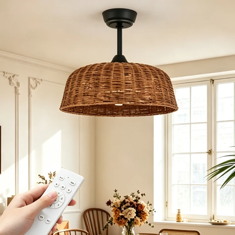 Ventilador de Techo de Bambú de 6 Velocidades y Perfil Bajo con Luces, Ventilador de Techo de Bambú de 4 Luces con Control Remoto, Ventilador de Techo de Ratán Curry con Luz