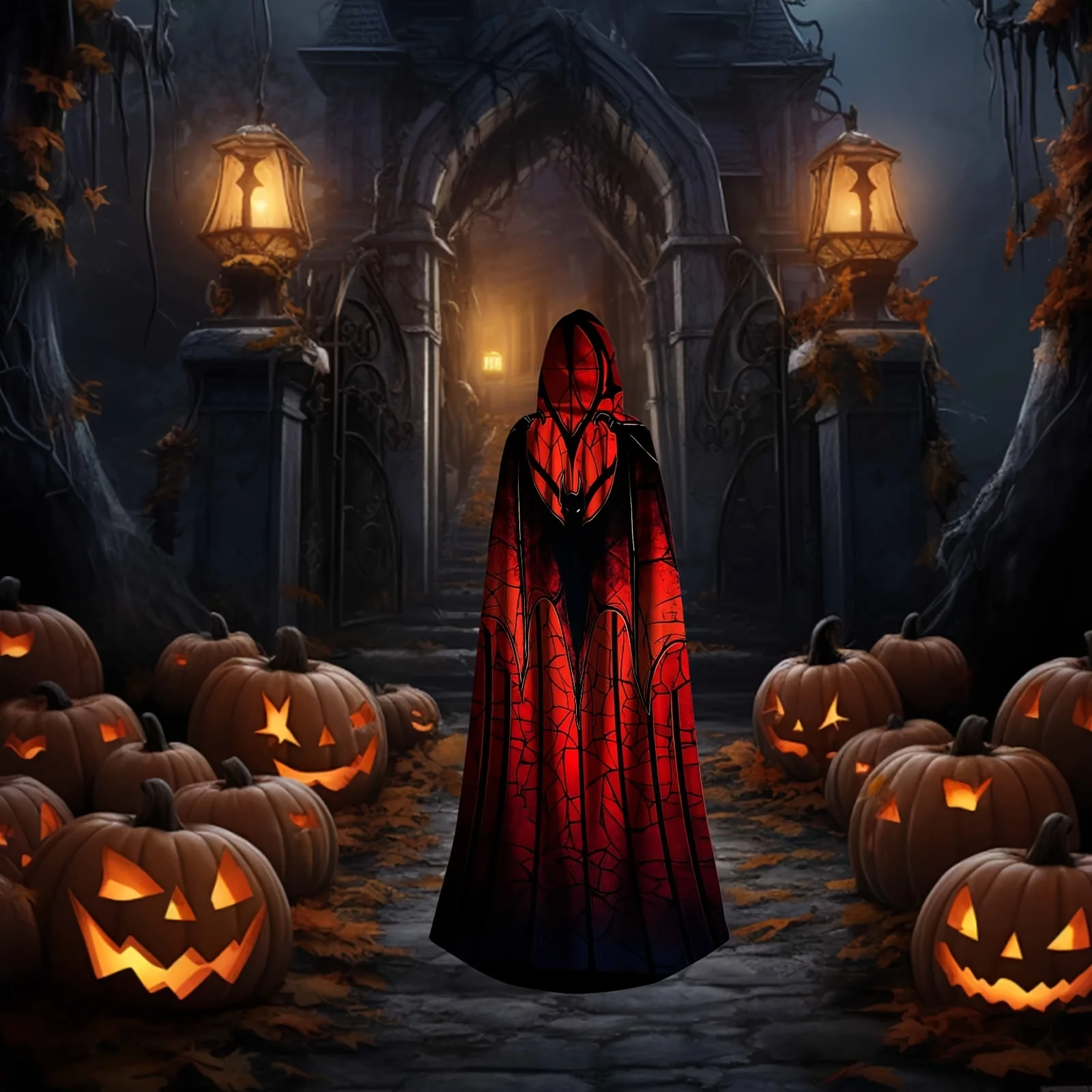 1pc Halloween-kostuum met capuchon - Gebrandschilderd glasstijl met vleermuissilhouet Rood licht Machinewasbaar polyester